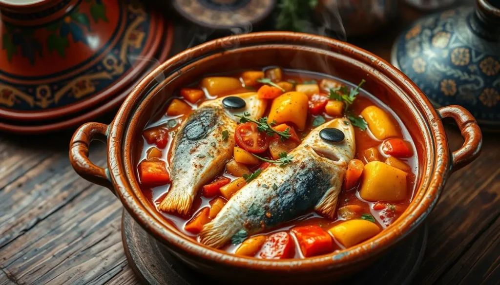 A flavorful Moroccan fish stew with fresh herbs, tomatoes, and spices served in a traditional bowl.