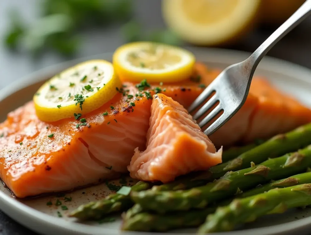baked salmon plated with roasted asparagus