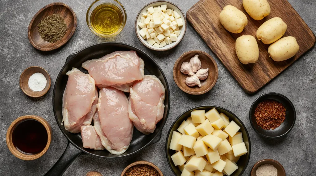 Raw Ingredients for Chicken and Potatoes Dinner on Kitchen Counter