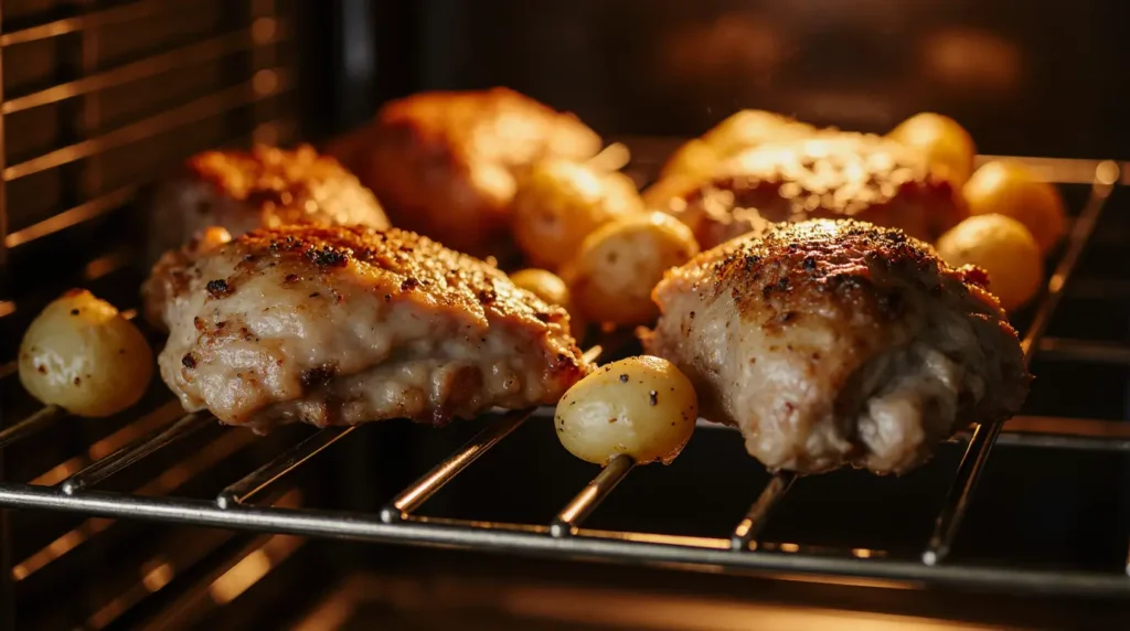 Chicken and Potatoes Roasting in the Oven – Mid-Cooking Stage