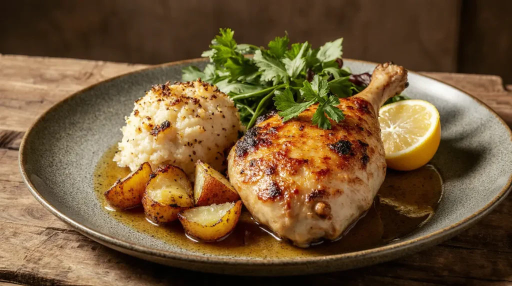 Plated Chicken and Potatoes Dinner with Fresh Garnish