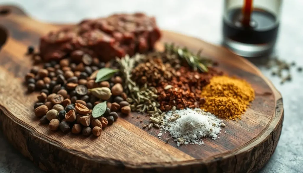 Smoked meatloaf seasoning ingredients arranged on a wooden board