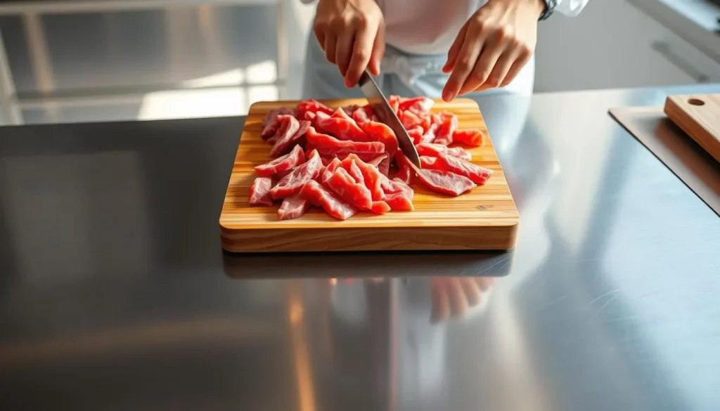 Slicing beef strips for stir fry Slicing beef strips for stir fry